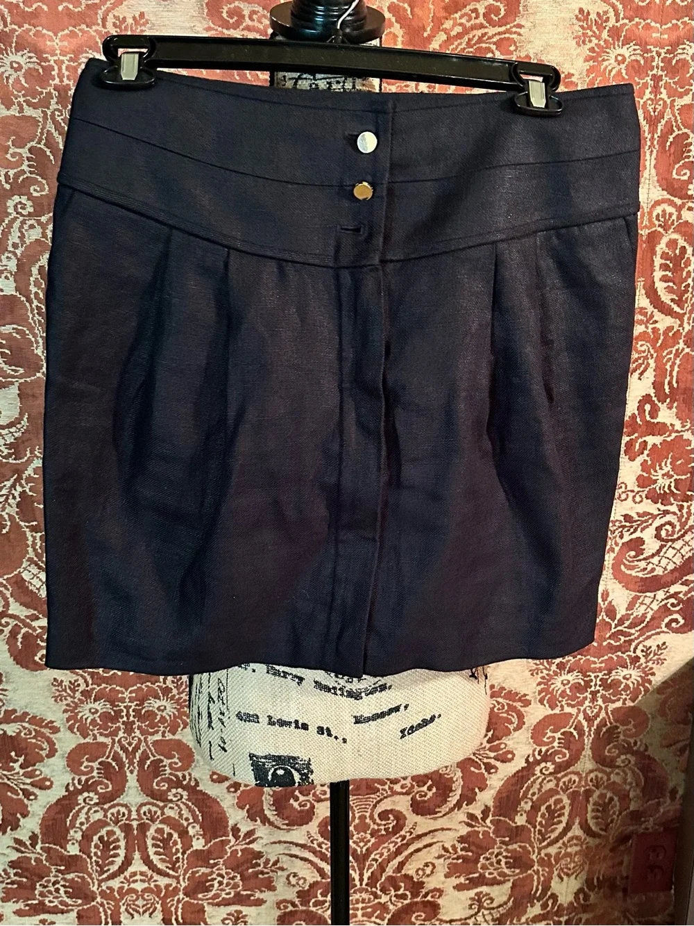 Tory Burch Black Linen Pencil Skirt with Gold Front Buttons